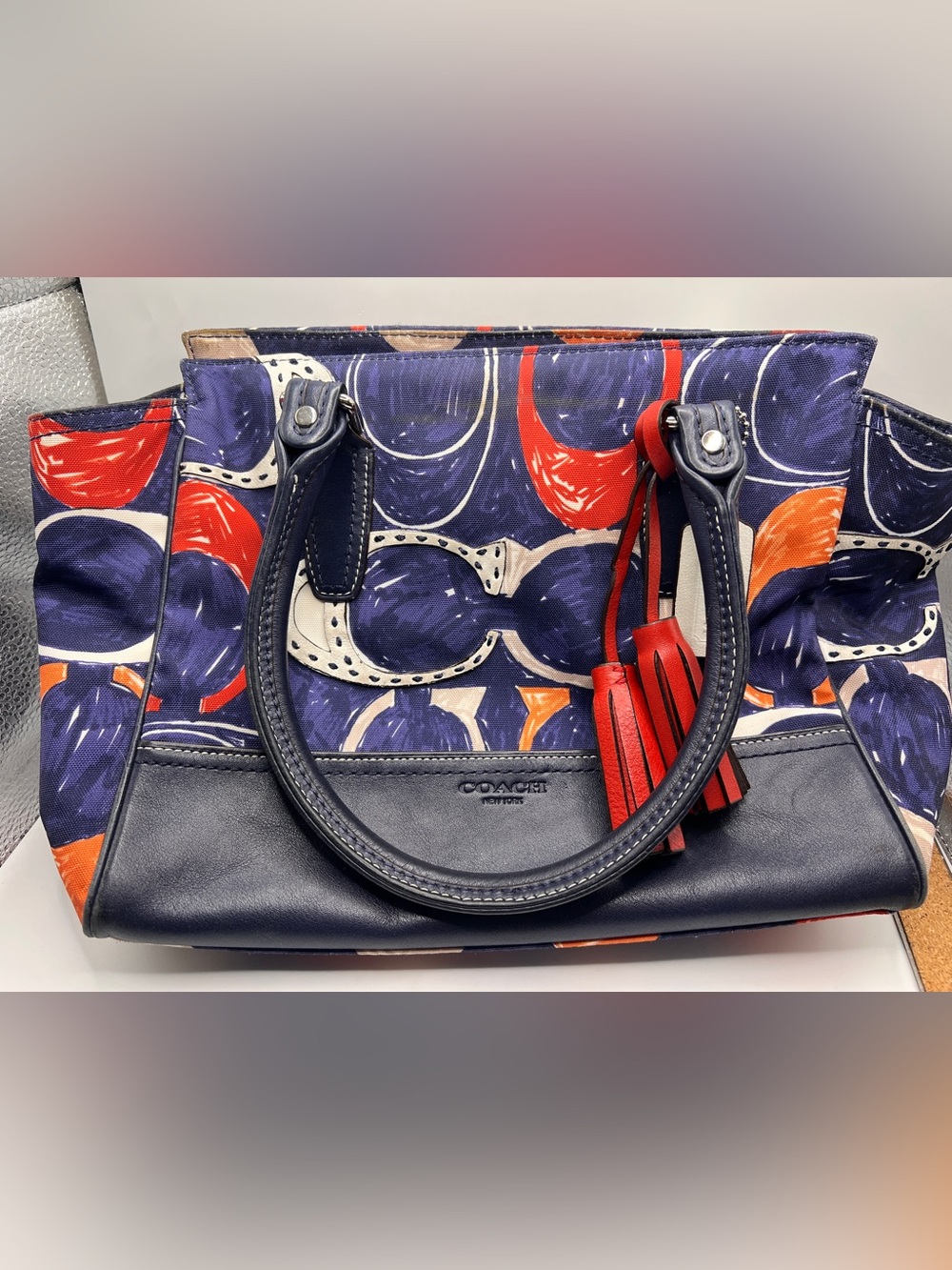 Coach Navy, Red & Cream Printed Leather Tote with Tassel Strap Imperfection